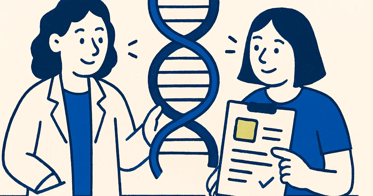 Woman discussing genetic test results with a healthcare professional in a consultation room