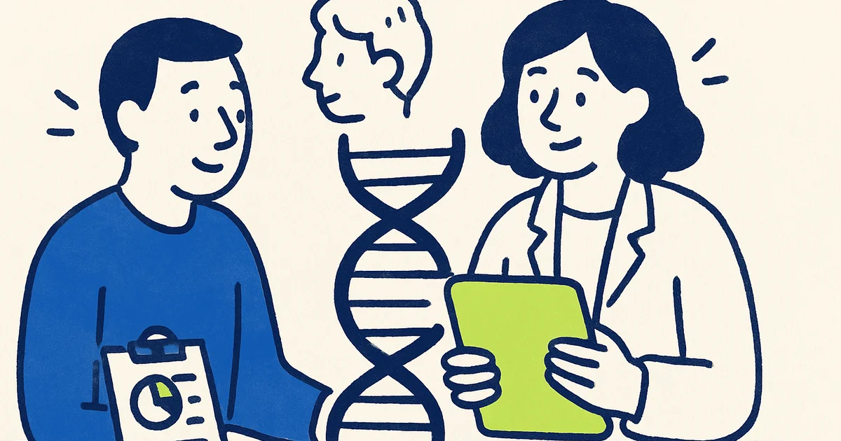 Healthcare professional discussing genetic test results with a patient in a consultation room