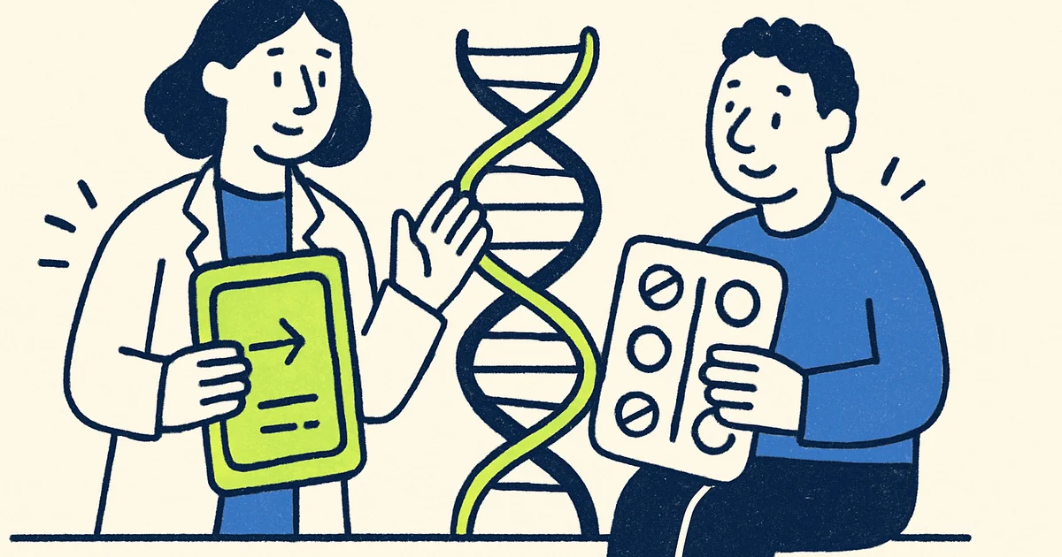 Close-up of warfarin tablets with a DNA double helix illustration overlaid, representing genetic influence on medication dosing