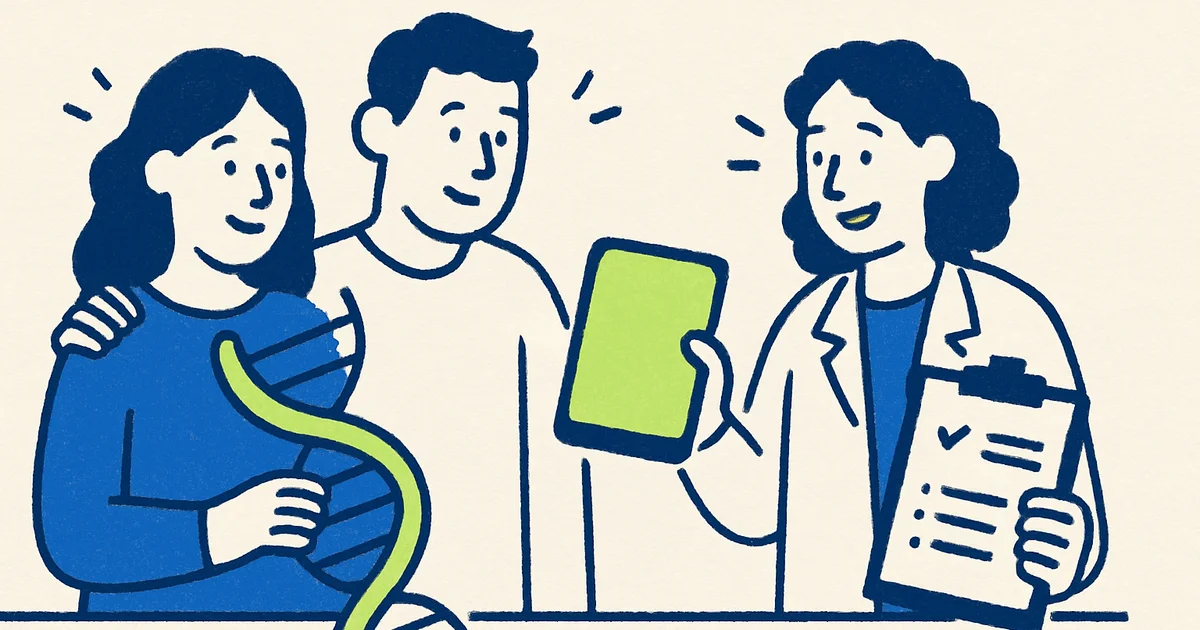 Couple reviewing genetic screening results with healthcare professional during pre-conception planning appointment